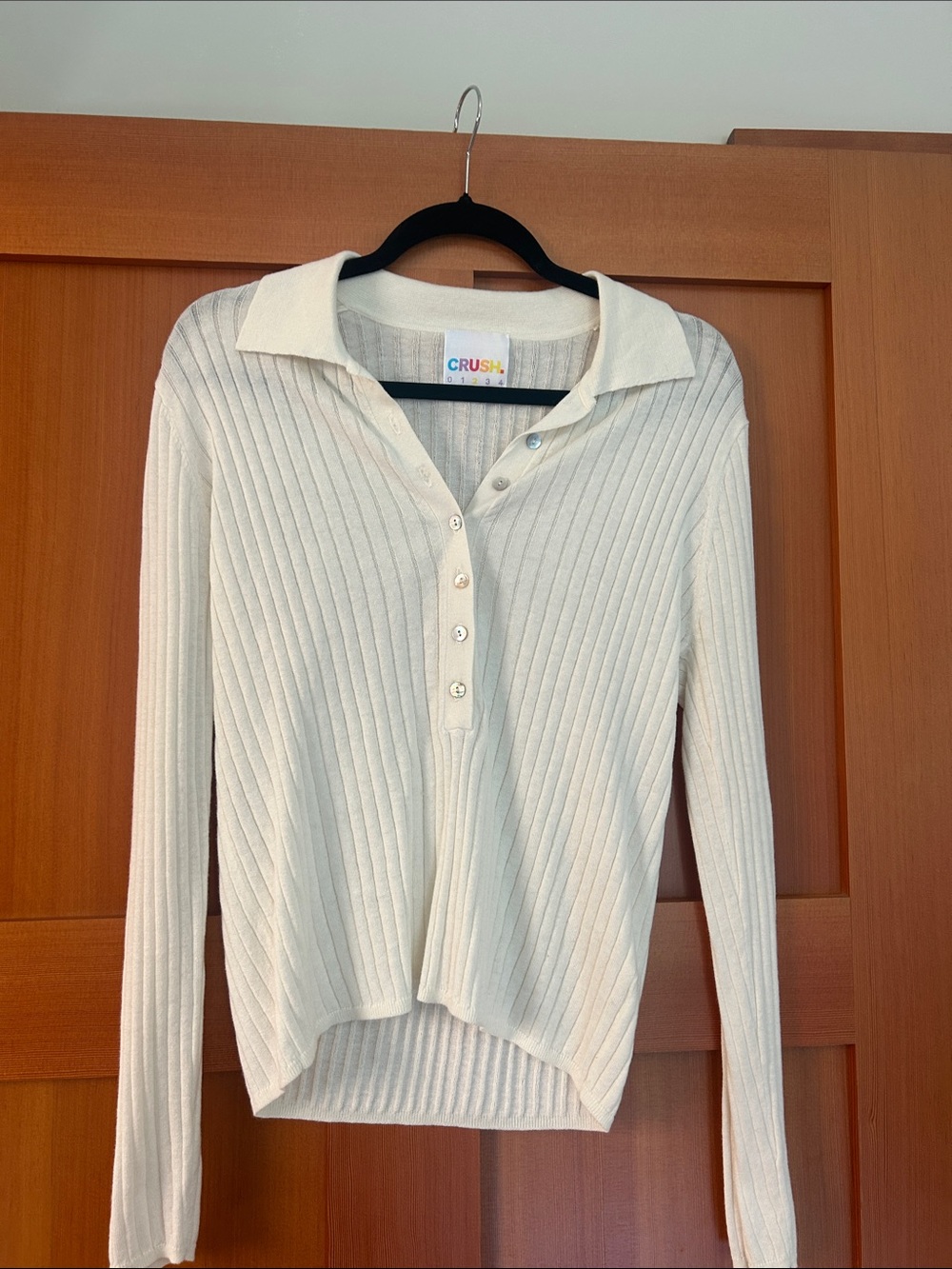 CRUSH Cream Ribbed Button-Front Polo Sweater